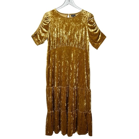 Who What Where Gold Crushed Velvet Women’s Tiered Midi Dress Sz L - Picture 3 of 12